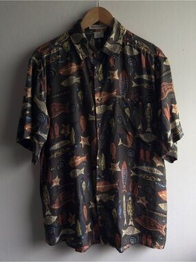 Vintage Montage 100% Silk Fish Print Button-Up Shirt Size M